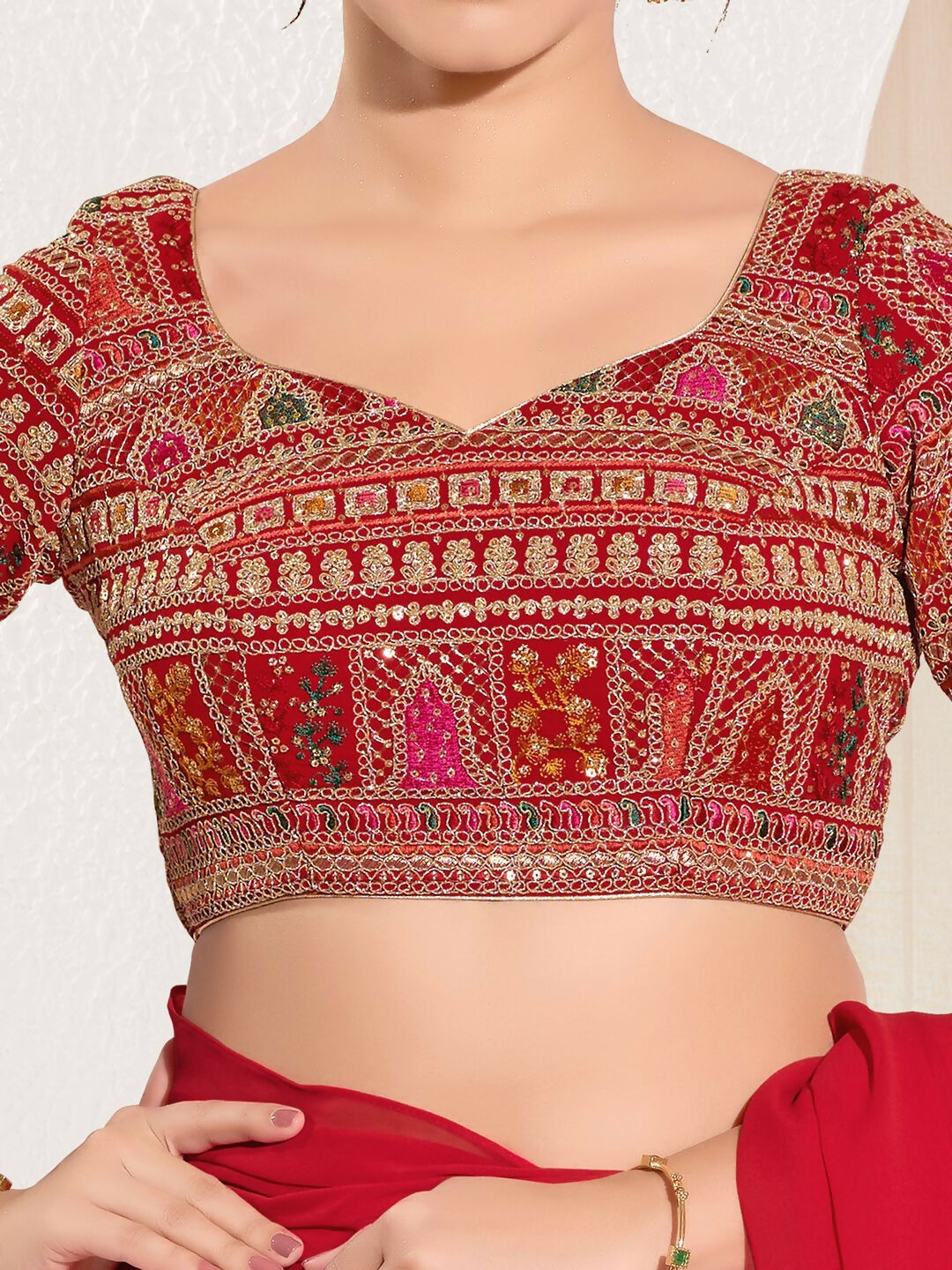 Joban Fashion Red Brocade Padded Blouse With Sweetheart Neck Elbow Sleeves - Distacart