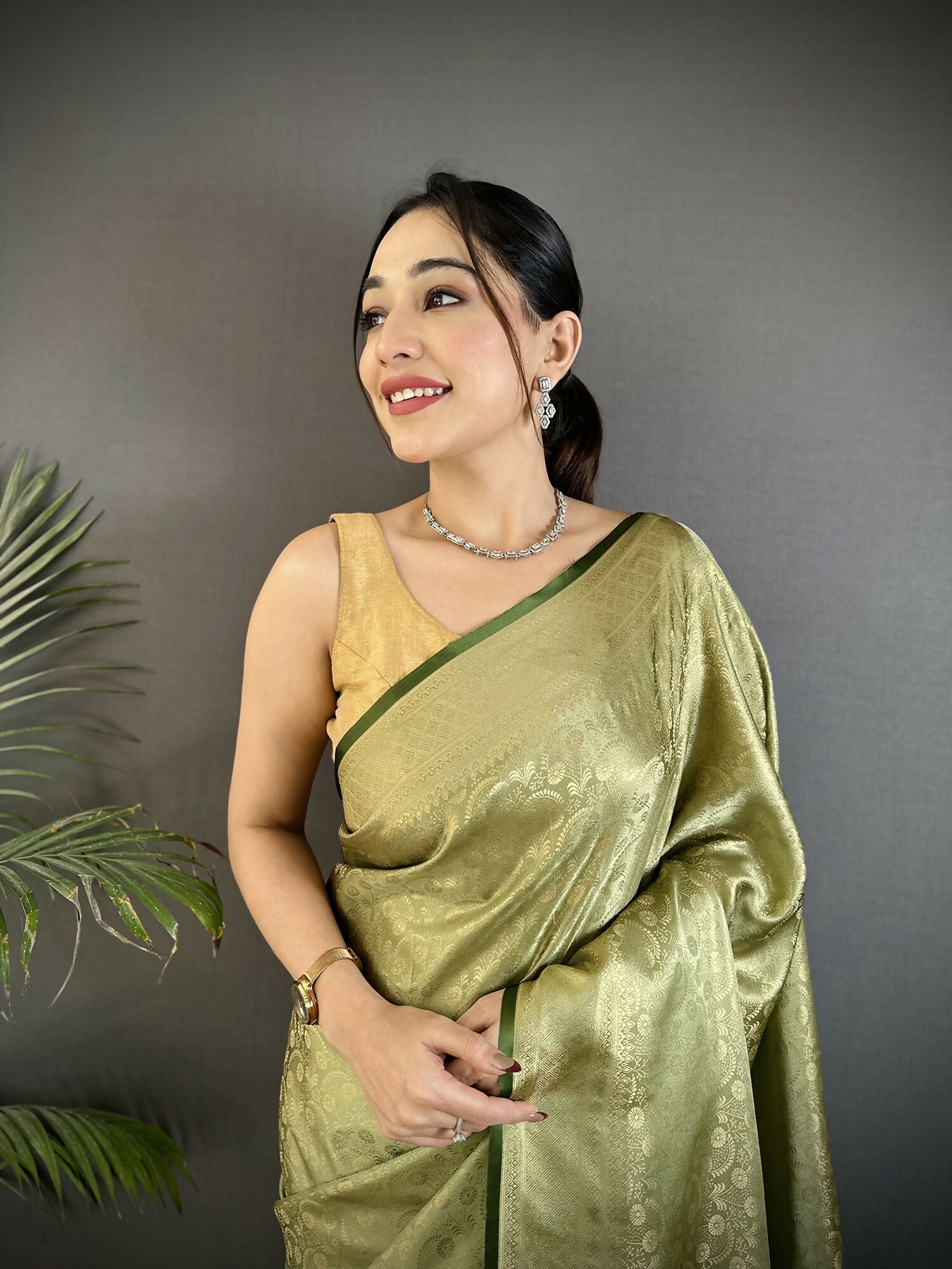 Joban Fashion Olive Green Floral & Paisley Motifs Soft Satin Silk Banarasi Saree - Distacart