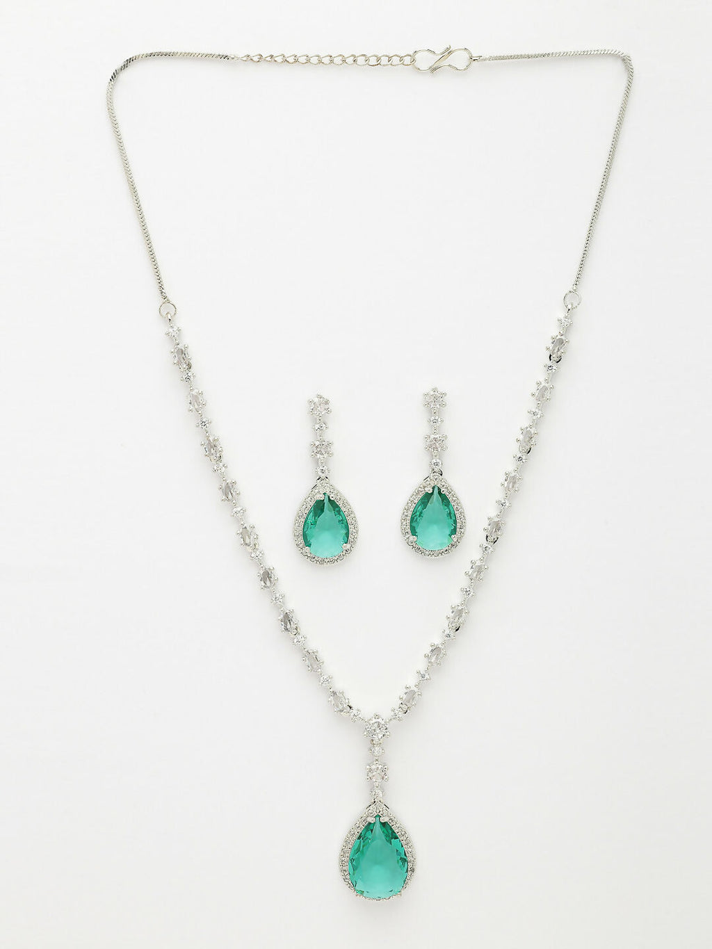 NVR Women's Silver-Plated Green American Diamond-Studded Handcrafted Jewellery Set