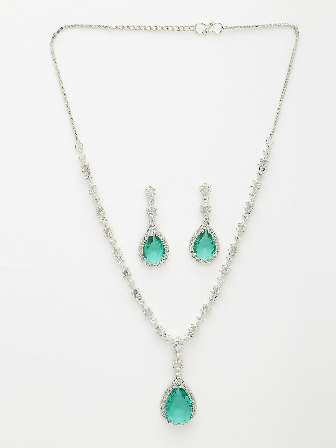 NVR Women's Silver-Plated Green American Diamond-Studded Handcrafted Jewellery Set