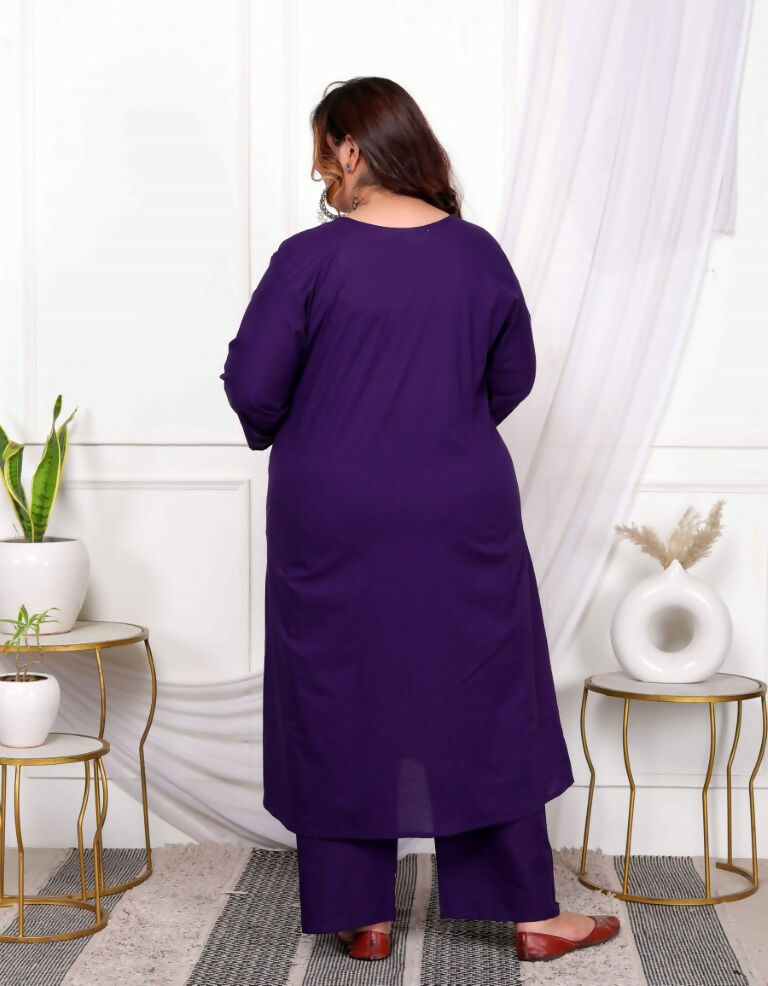 Miravan Women's Plus Size Cotton Purple A-Line Kurta With Embroidered Neck And Palazzo With Embroidered Dupatta Set