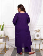 Miravan Women's Plus Size Cotton Purple A-Line Kurta With Embroidered Neck And Palazzo With Embroidered Dupatta Set