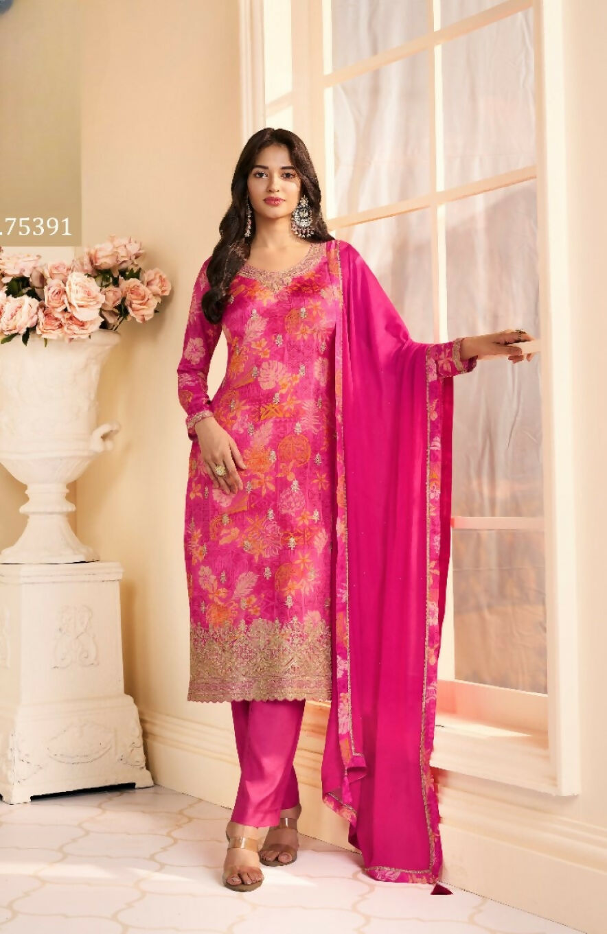 Anaita Magenta Chinon Stitched Suit with Multi Digital Print - Distacart