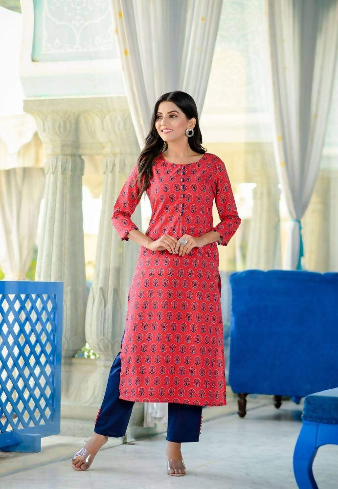 Yufta Women's Red Handblock Printed Kurta Set
