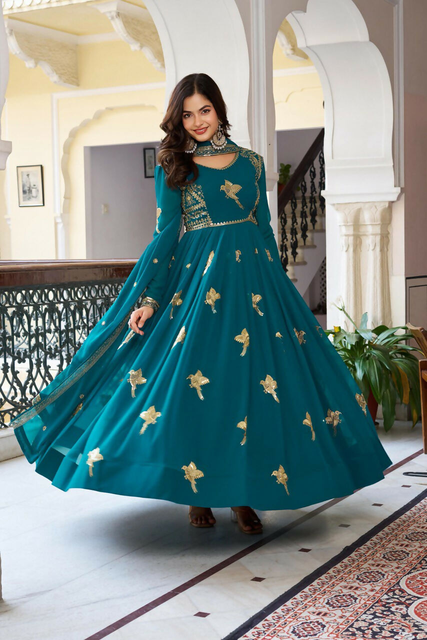 The52 Women's Gorgeous Faux Georgette Fabric Embroidery Work Flared Anarkali Pant and Dupatta Set - Distacart