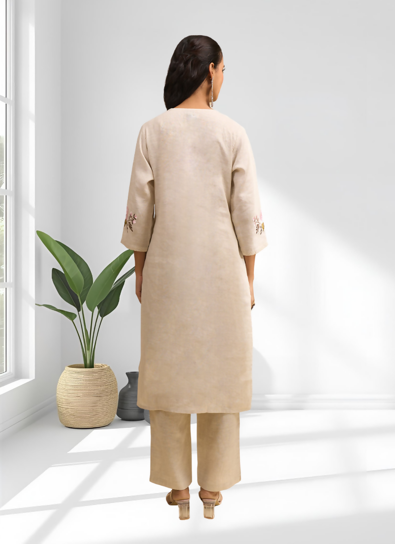 Joban Fashion Beige Linen Embroidered Readymade Long Kurta With Pant - Distacart