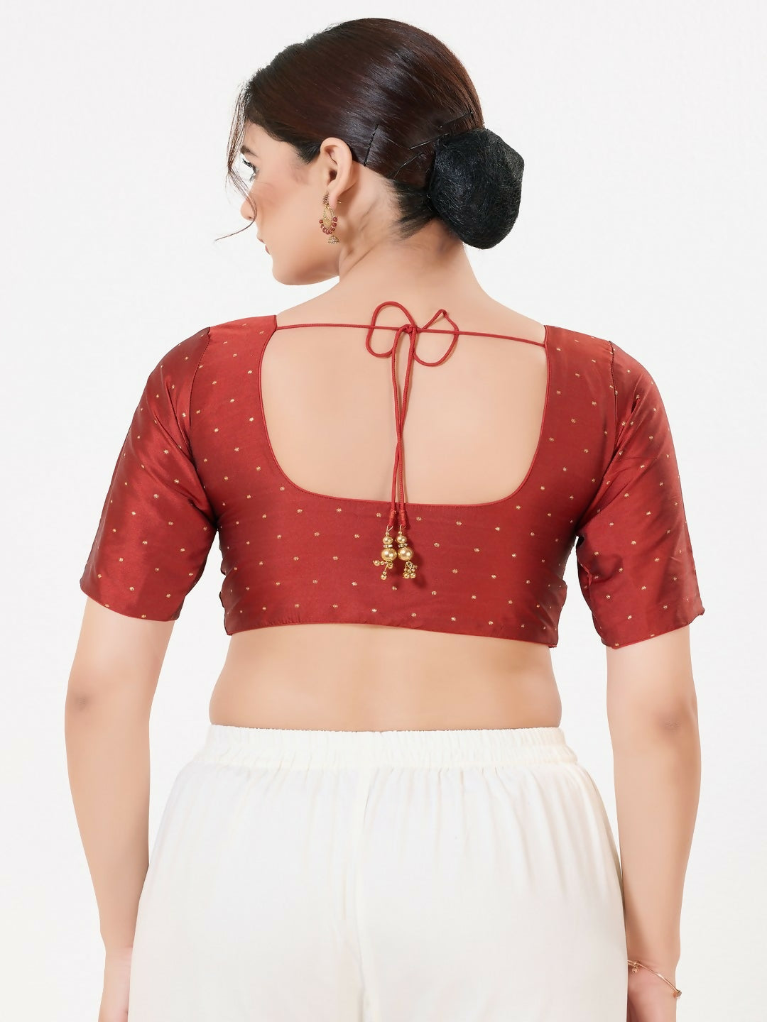 Joban Fashion Dark-Red Taffeta Silk Elbow Sleeveless Front Open Blouse