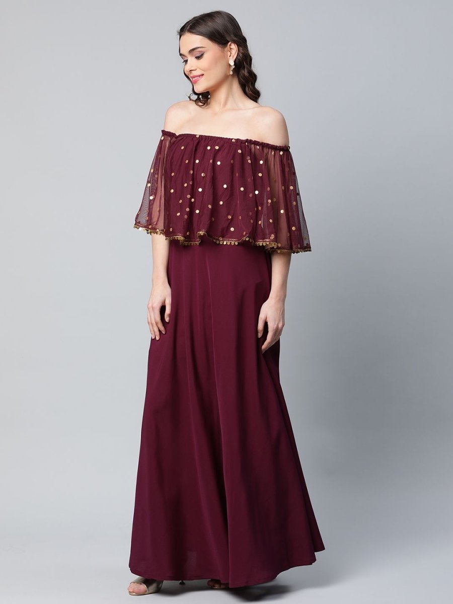 Ahalyaa Women Wine Colour Crepe & Net Gold Printed Dress - Distacart