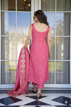 The52 Peach Women's Viscose Zari Chanderi Fabric Embroidered Work Straight Kurta, Pant and Dupatta Set - Distacart