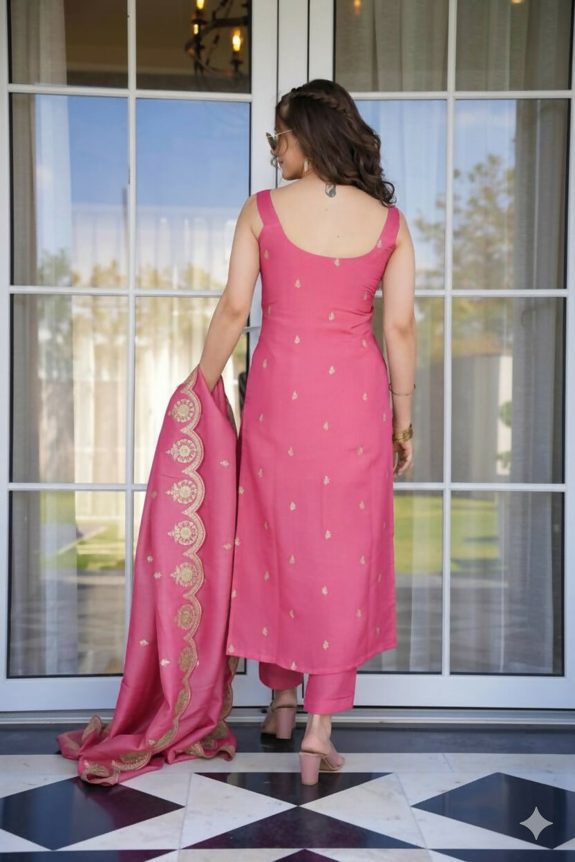 The52 Peach Women's Viscose Zari Chanderi Fabric Embroidered Work Straight Kurta, Pant and Dupatta Set - Distacart