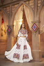 White Viscose Rayon Thread Embroidered Work With Mirror All Over Navratri Lehenga Choli With Dupatta - Raas