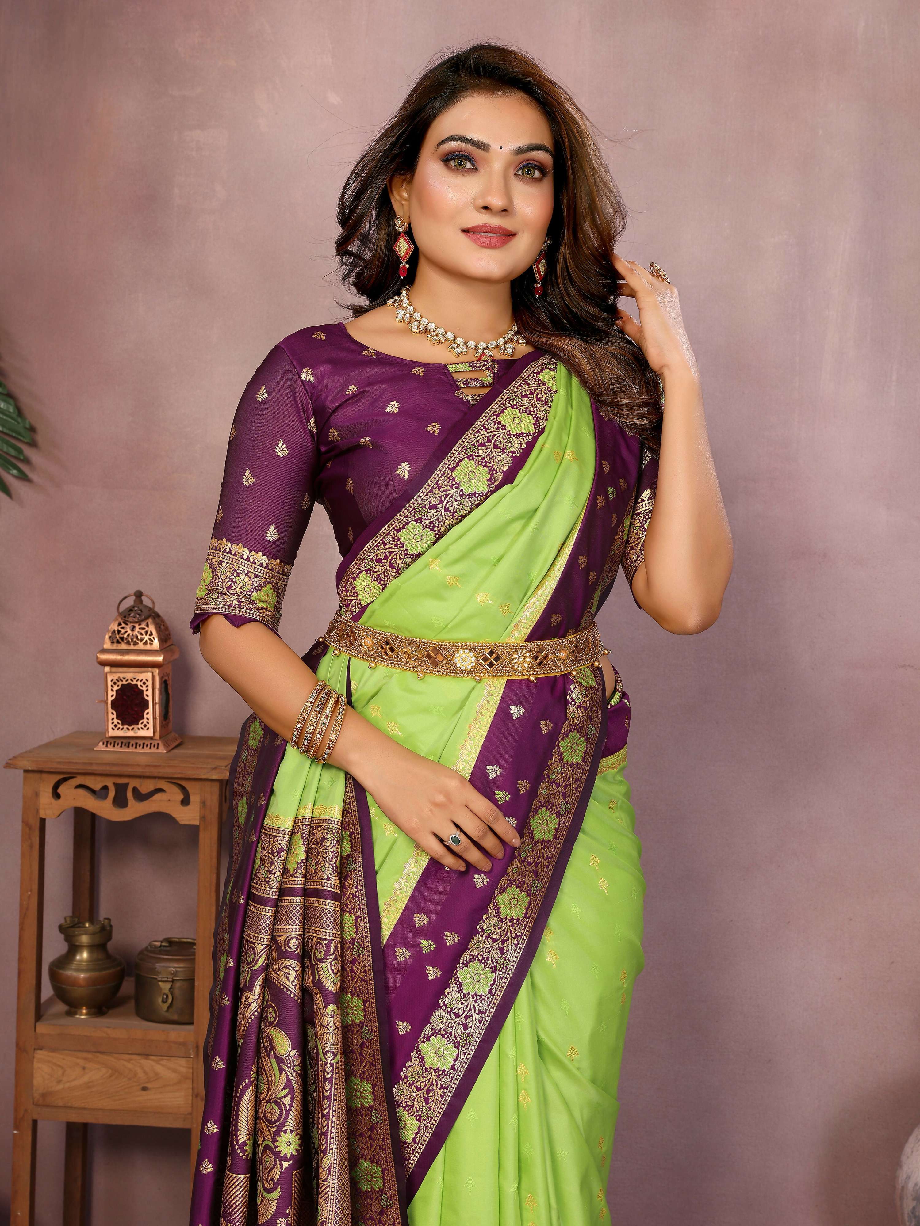 Aastha Fashion Parrot Green Kalamkari Silk Zari Woven Saree - Distacart