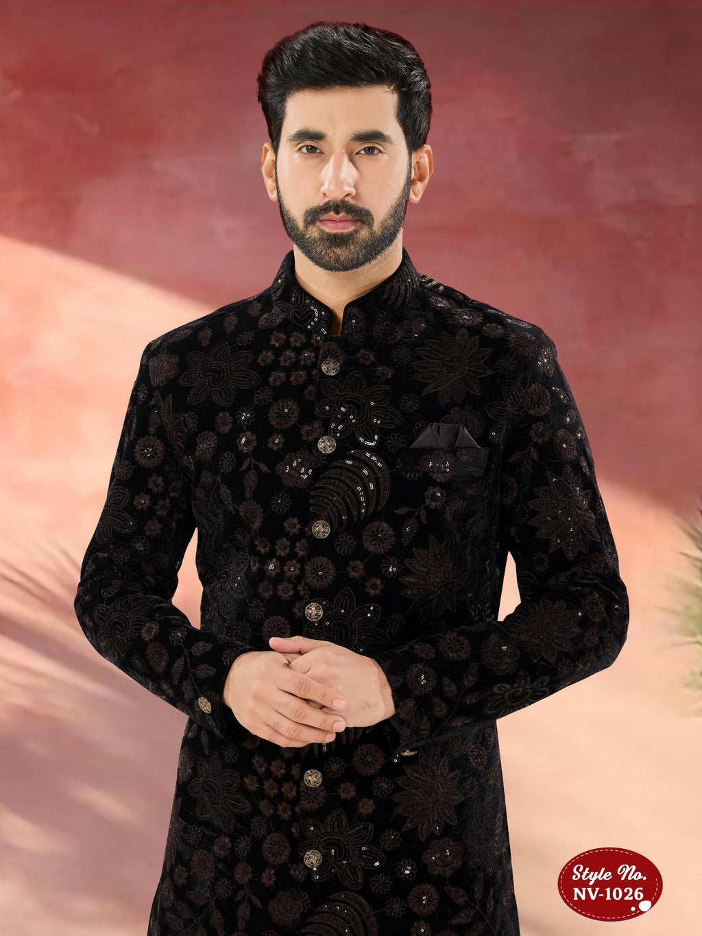 Joban Fashion Men's Black Base ( Brown ) Straight Velvet Thread And Sequence Embroidary All Over Indo-Western Kurta Set