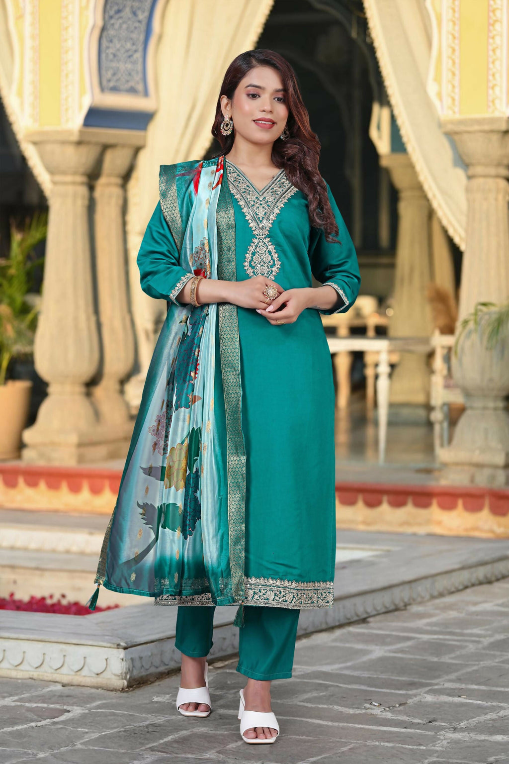 The52 Women's Beautiful Viscose Chanderi Fabric Embroidery Work Straight Kurta Pant and Dupatta Set - Distacart