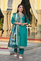 The52 Women's Beautiful Viscose Chanderi Fabric Embroidery Work Straight Kurta Pant and Dupatta Set - Distacart