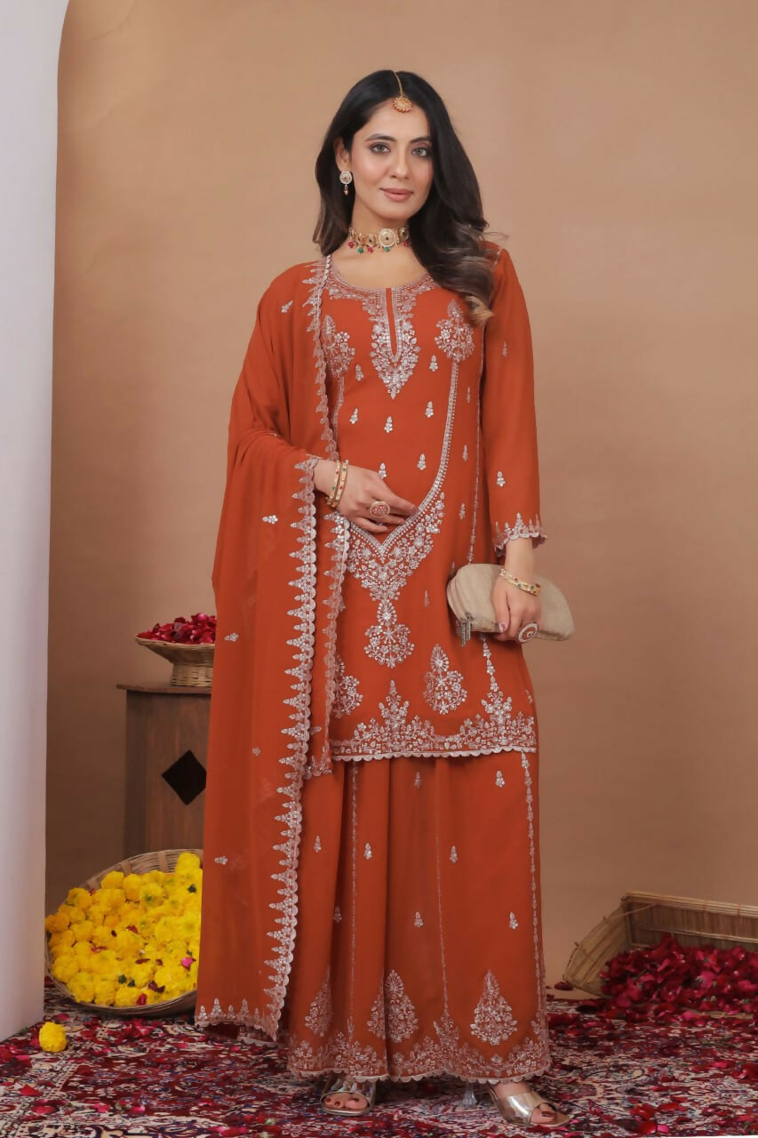 Teeya Creation Orange Color Faux Georgette Wedding Wear Trending Palazzo Set - Distacart