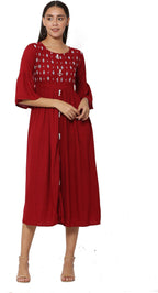 PAVONINE Wine Color Embroidery Work With Button Dress For Women - Distacart