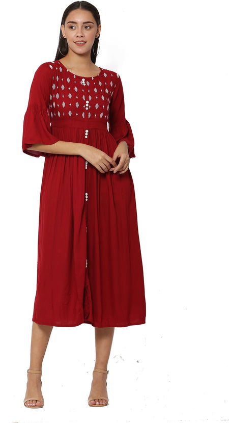 PAVONINE Wine Color Embroidery Work With Button Dress For Women