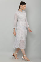 PAVONINE Micro Dots Frill-Neck Georgette Fabric White Dress For Women - Distacart