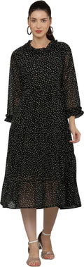PAVONINE Micro Dots Frill-Neck Georgette Fabric Black Dress For Women - Distacart