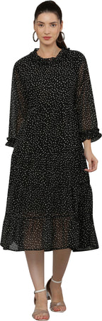 PAVONINE Micro Dots Frill-Neck Georgette Fabric Black Dress For Women - Distacart