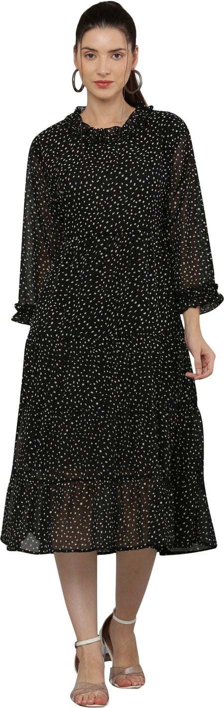 PAVONINE Micro Dots Frill-Neck Georgette Fabric Black Dress For Women
