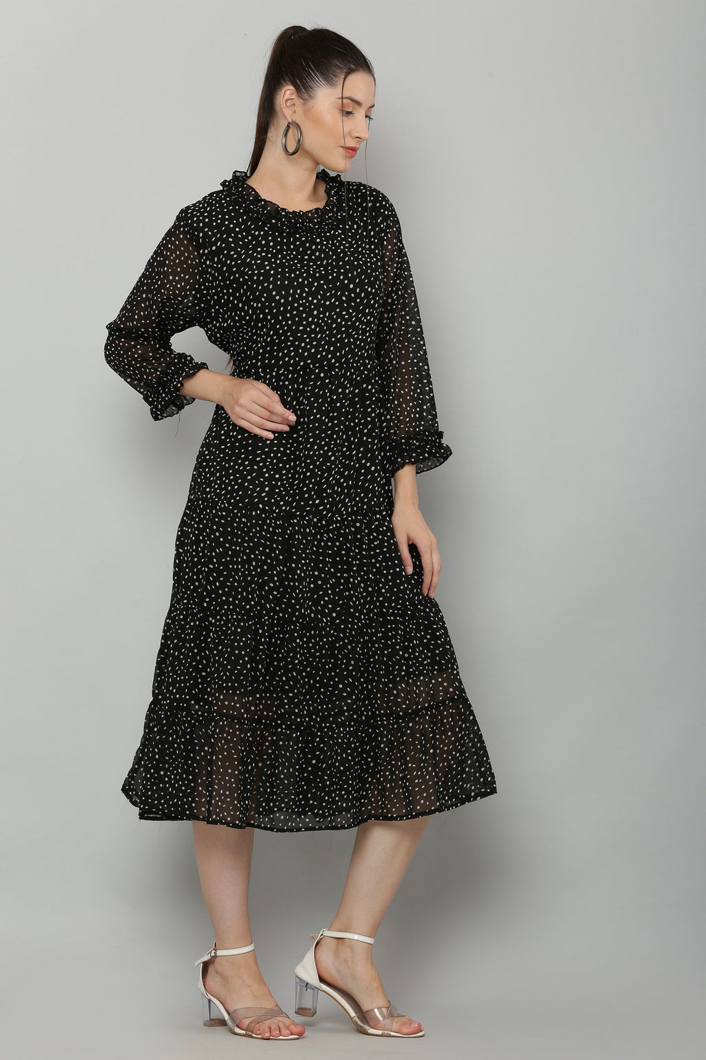 PAVONINE Micro Dots Frill-Neck Georgette Fabric Black Dress For Women - Distacart