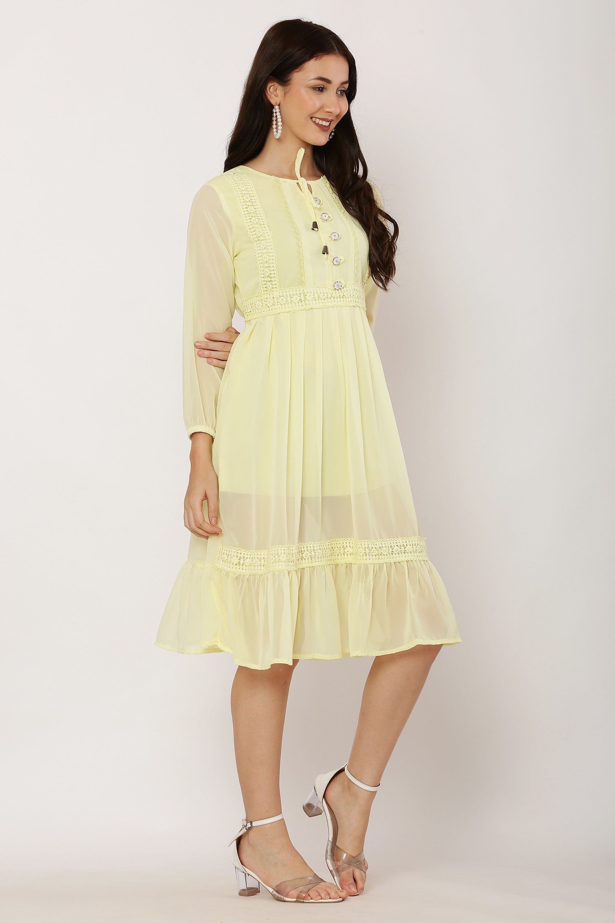 PAVONINE Lemon Color Georgette Fabric Lace Inserts Dress For Girls - Distacart
