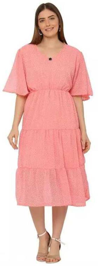 PAVONINE Micro Dots V-Neck Georgette Fabric Peach Dress For Women