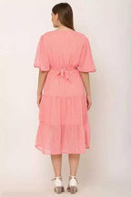 PAVONINE Micro Dots V-Neck Georgette Fabric Peach Dress For Women - Distacart