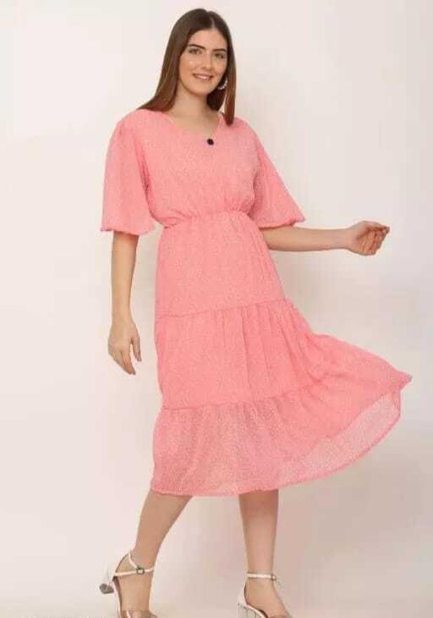 PAVONINE Micro Dots V-Neck Georgette Fabric Peach Dress For Women - Distacart