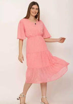 PAVONINE Micro Dots V-Neck Georgette Fabric Peach Dress For Women - Distacart