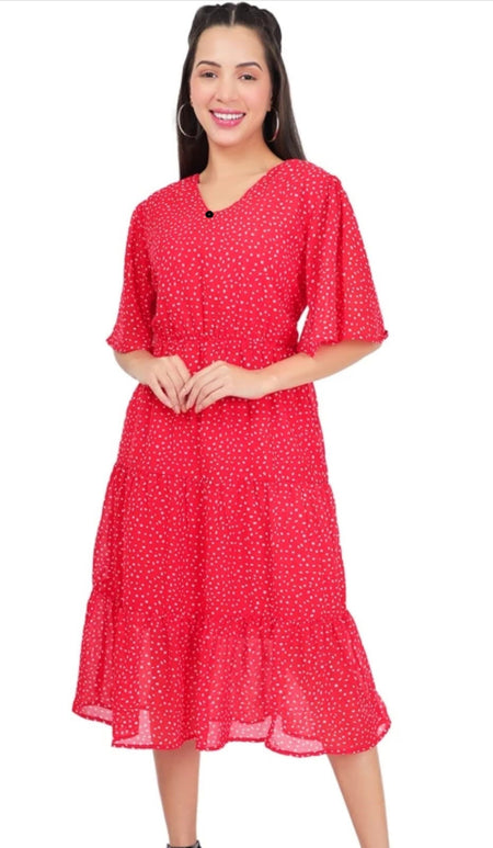 PAVONINE Micro Dots V-Neck Georgette Fabric Red Dress For Women