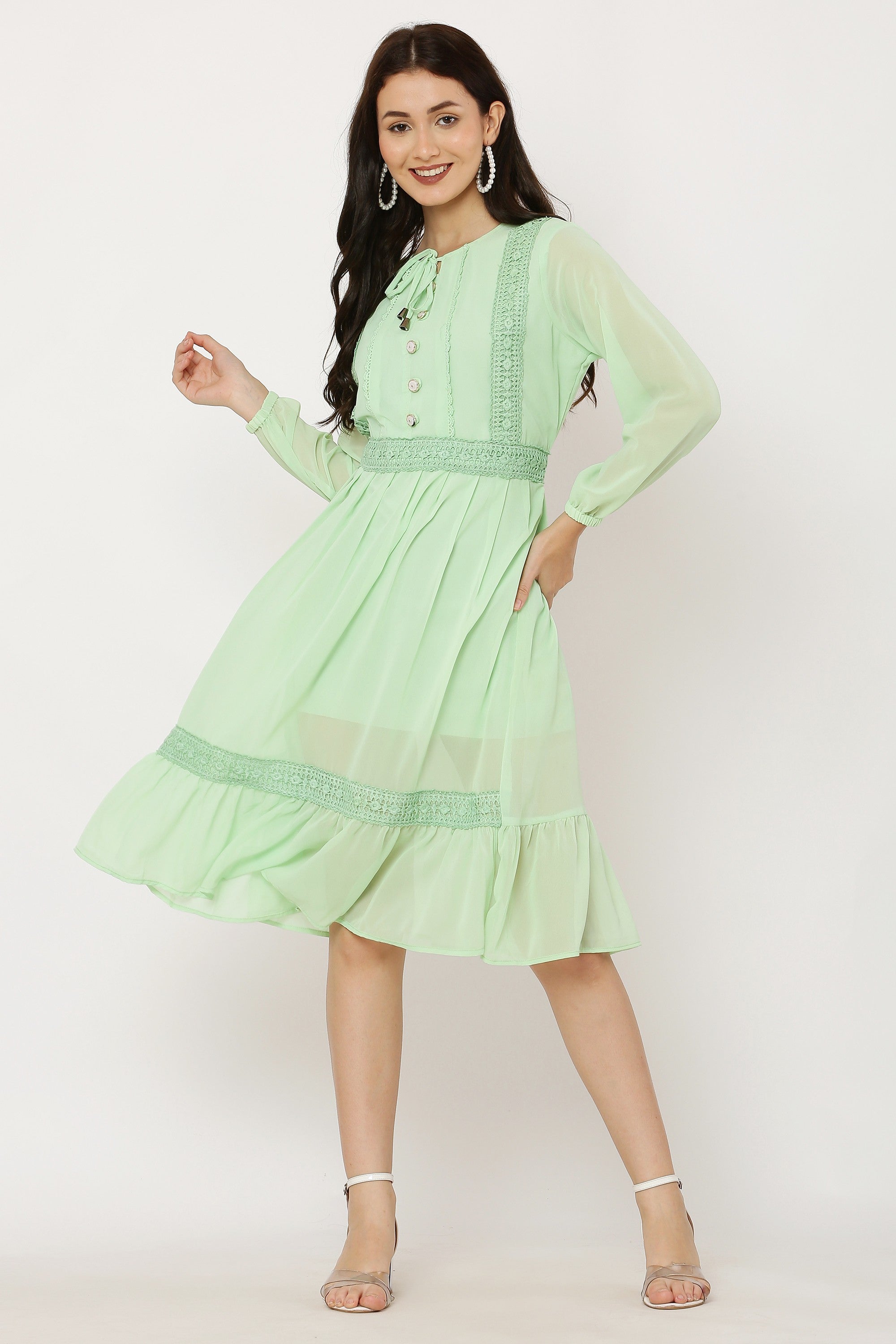 PAVONINE Pista Color Georgette Fabric Lace Inserts Dress For Girls - Distacart
