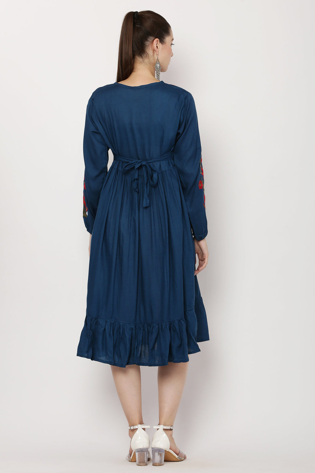 PAVONINE Navy Blue Color Flower Embroidery Dress For Women - Distacart