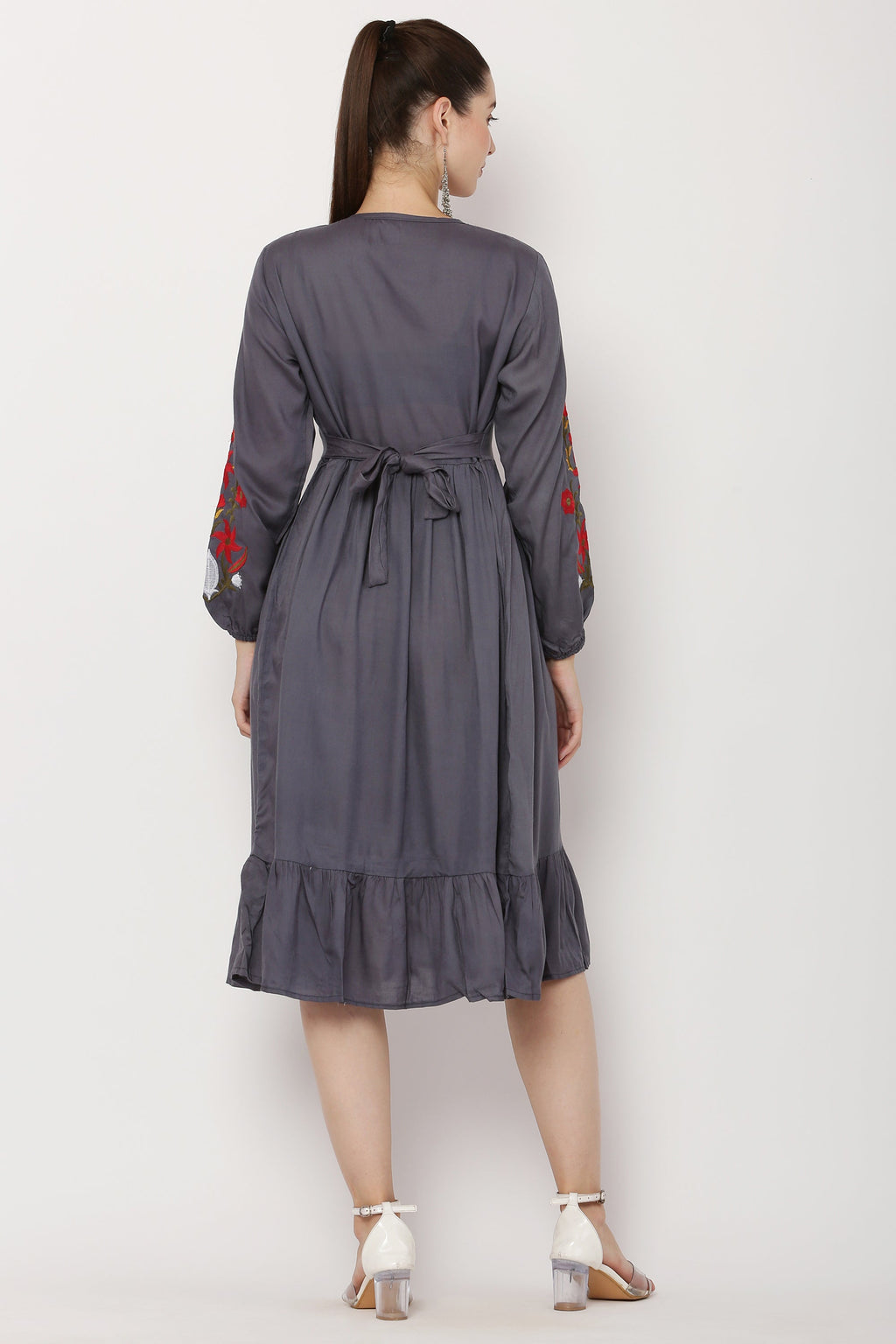 PAVONINE Grey Color Flower Embroidery Dress For Women - Distacart
