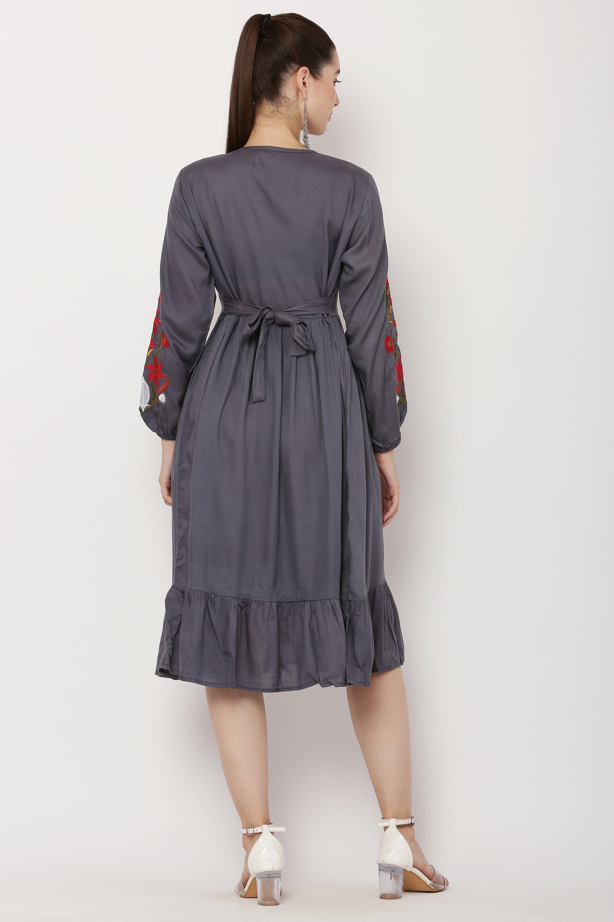PAVONINE Grey Color Flower Embroidery Dress For Women - Distacart