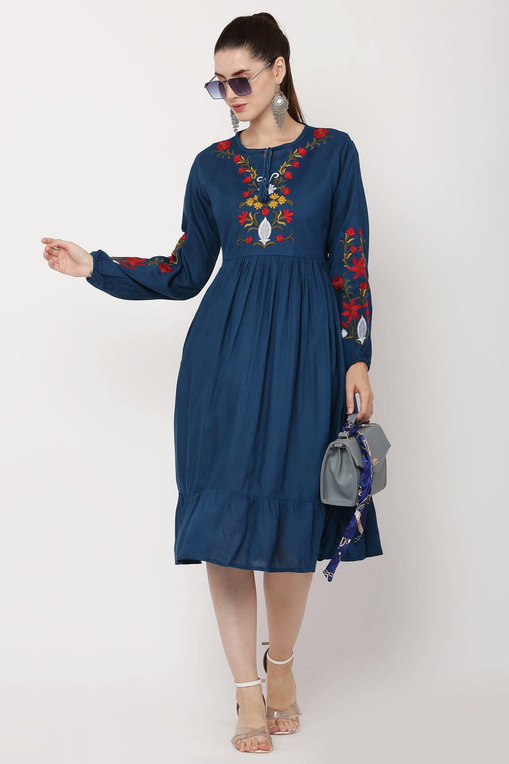 PAVONINE Navy Blue Color Flower Embroidery Dress For Women - Distacart