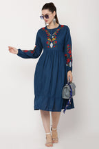 PAVONINE Navy Blue Color Flower Embroidery Dress For Women - Distacart