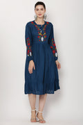 PAVONINE Navy Blue Color Flower Embroidery Dress For Women - Distacart