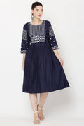 PAVONINE Navy Blue Color Polka Dots Embroidery Dress For Women - Distacart