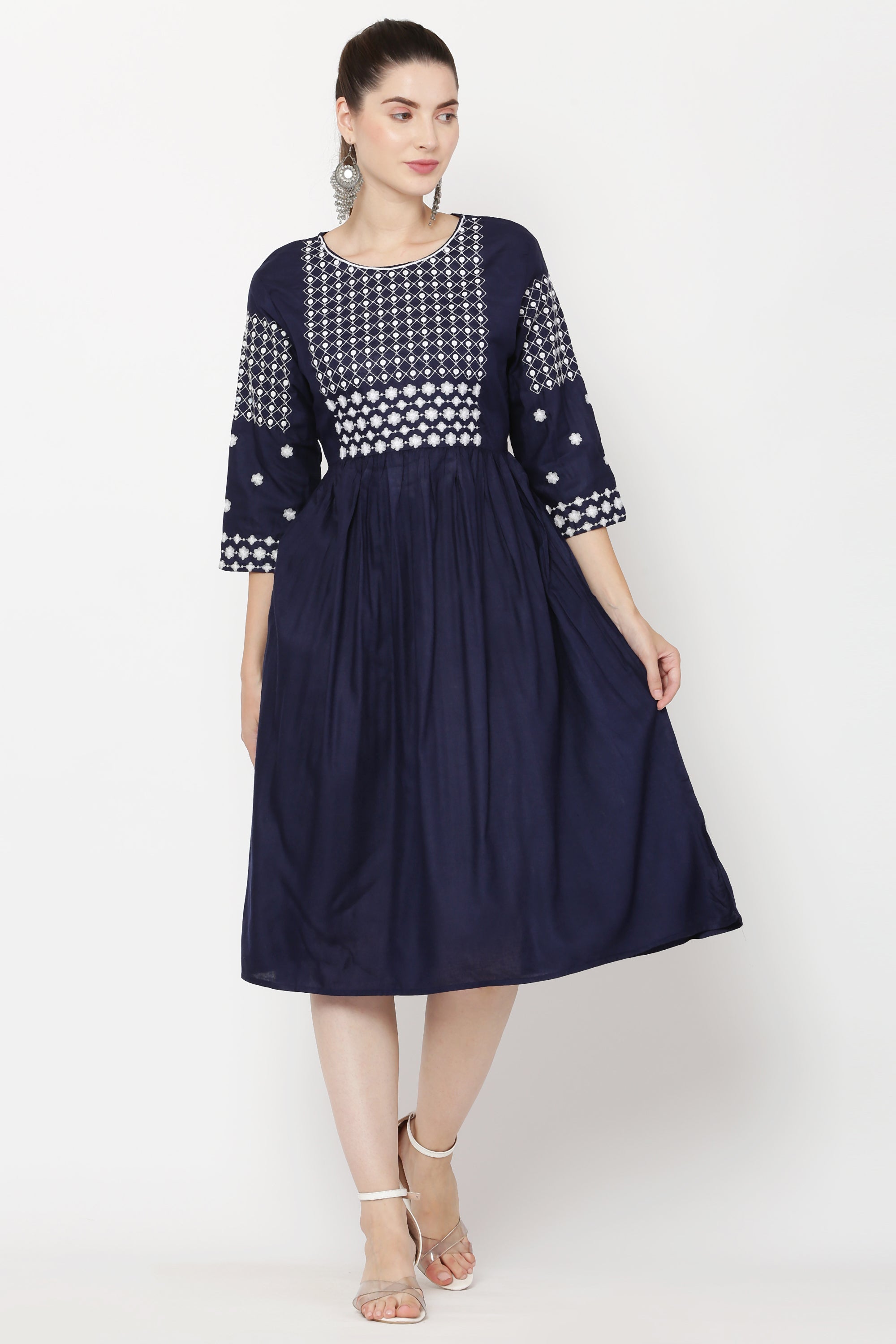 PAVONINE Navy Blue Color Polka Dots Embroidery Dress For Women - Distacart