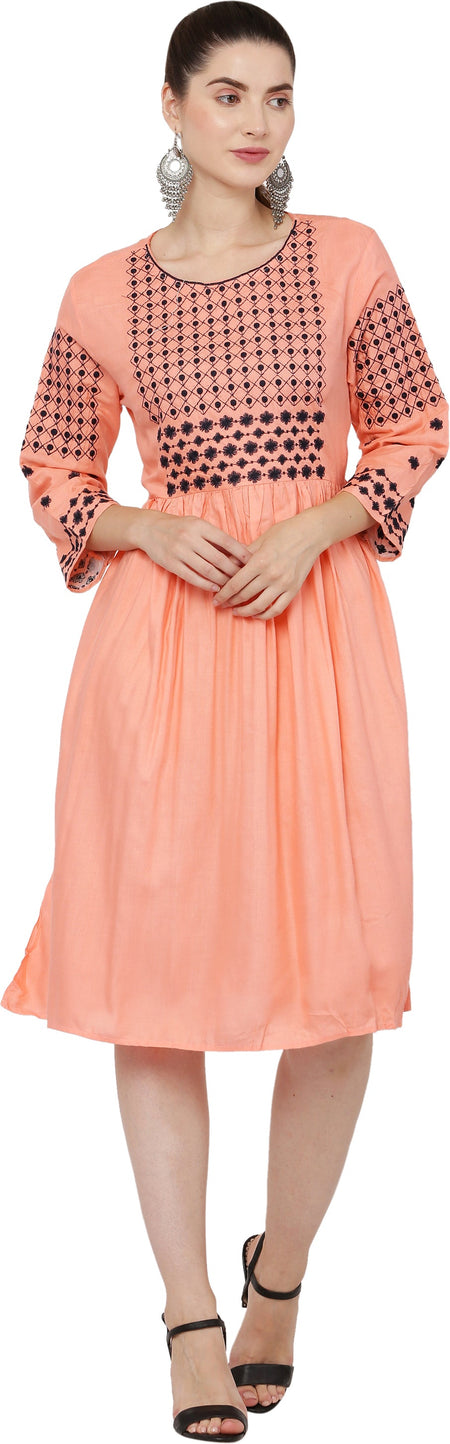 PAVONINE Gajri Color Polka Dots Embroidery Dress For Women
