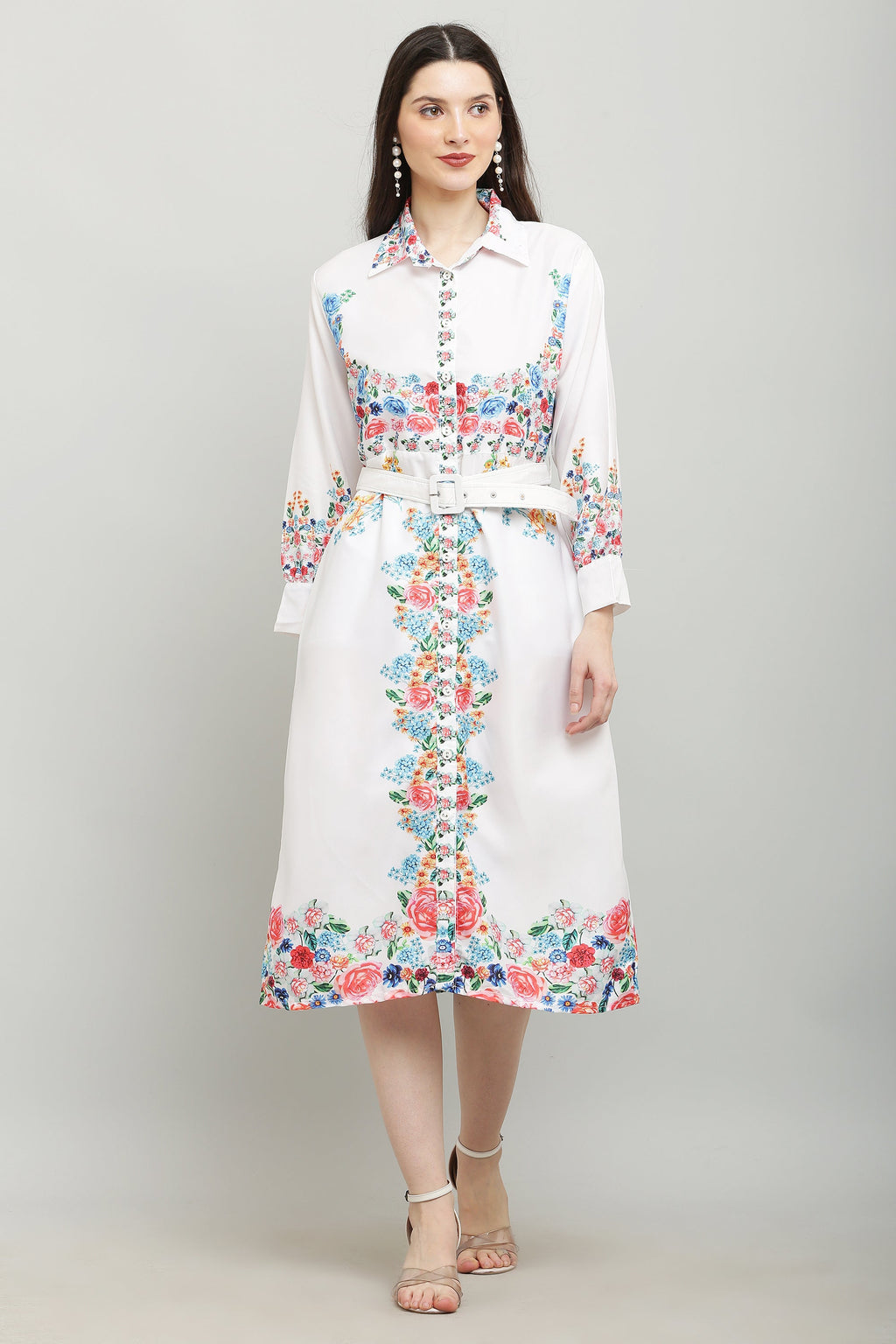 PAVONINE Cat Flower Digital Print White Color A-Line Dress For Women - Distacart