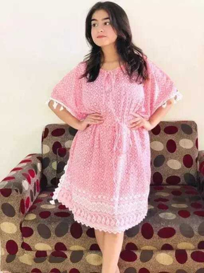 PAVONINE Peach Color Embroidery Kaftan Dress For Women - Distacart