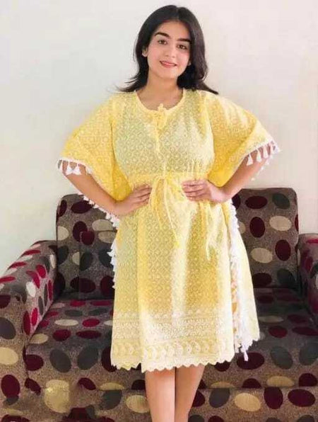 PAVONINE Yellow Color Embroidery Kaftan Dress For Women