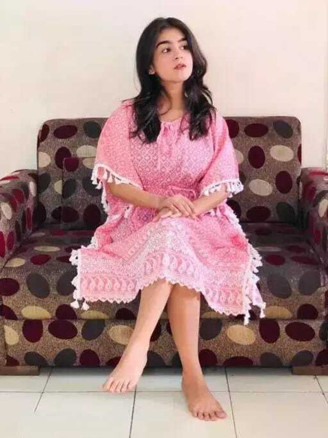 PAVONINE Peach Color Embroidery Kaftan Dress For Women - Distacart