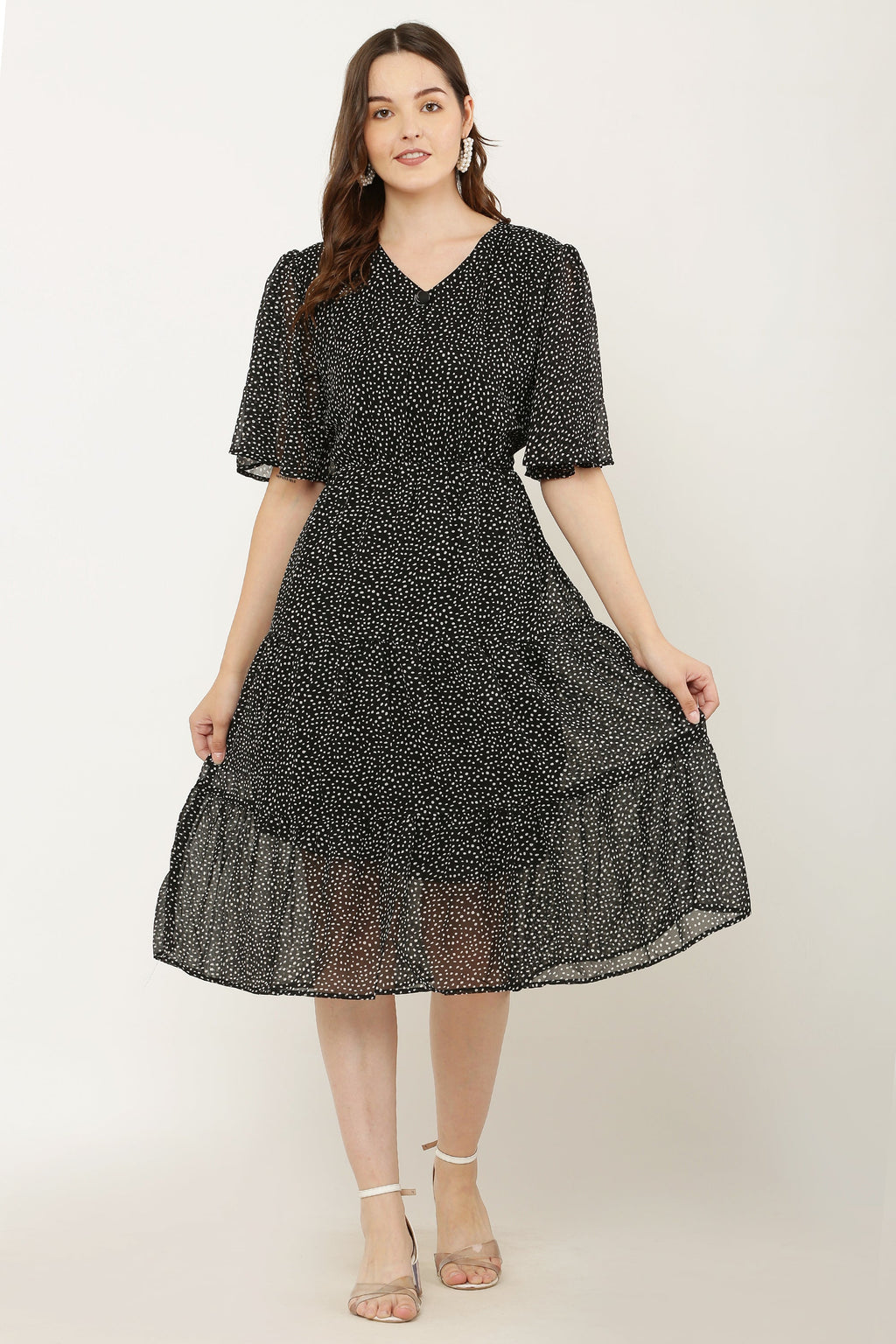 PAVONINE Micro Dots V-Neck Georgette Fabric Black Dress For Women - Distacart