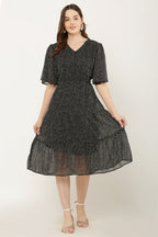 PAVONINE Micro Dots V-Neck Georgette Fabric Black Dress For Women - Distacart