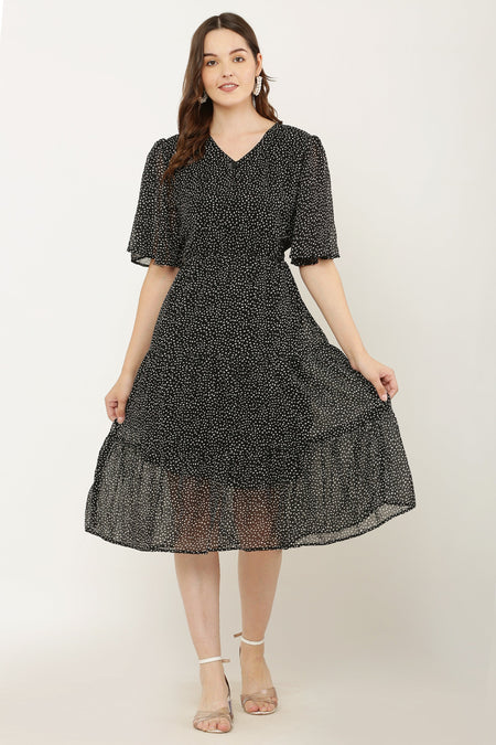 PAVONINE Micro Dots V-Neck Georgette Fabric Black Dress For Women